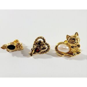 SET OF 3! Vintage Avon Gold Tone Pins - Cat & Oval Faux Pearl, Angel, Owl Signed
